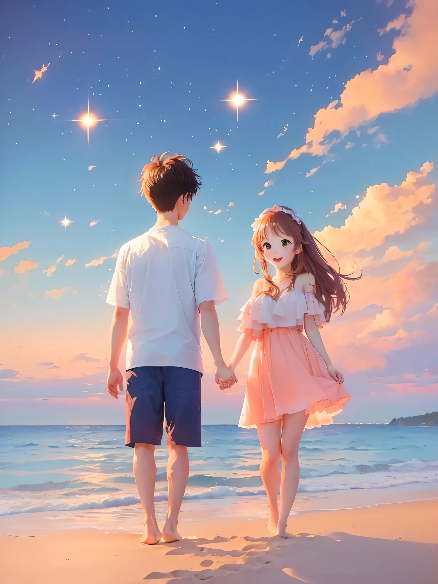 anime couple Holding Handss Sunset Beach, Cute couple, There are stars, romantic couple, As the sunset, Holding Handss in the moonlight, Dreamy and romantic, Holding Hands, 伴As the sunset, Holding Handss, Go together, Beach at sunset, Standing by the sea, Sunset Beach, Standing on the beach, At the beach, at a beautiful sunset