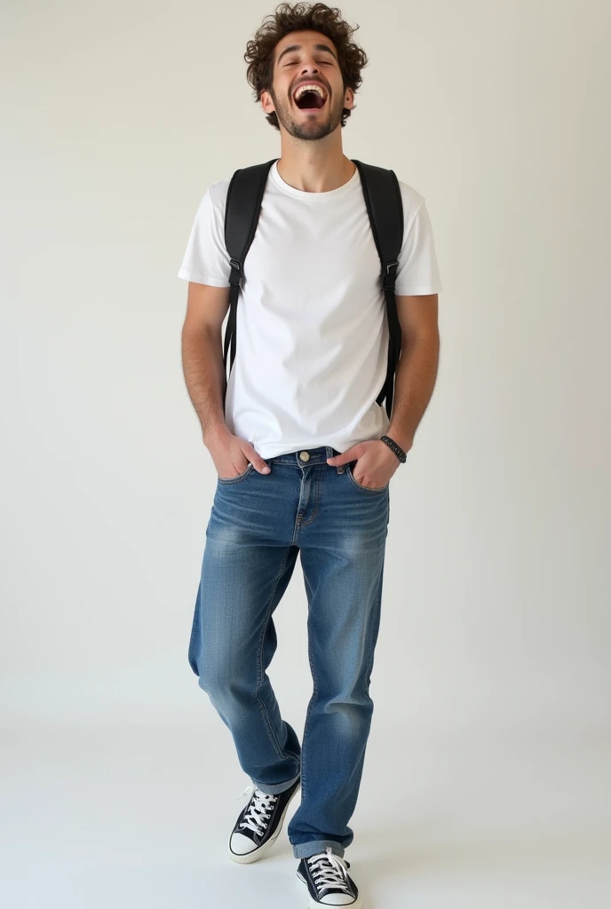 a man using a pair of jeans with a white t-shirt and sing a song of high school musica with a pair of all star  style disney.