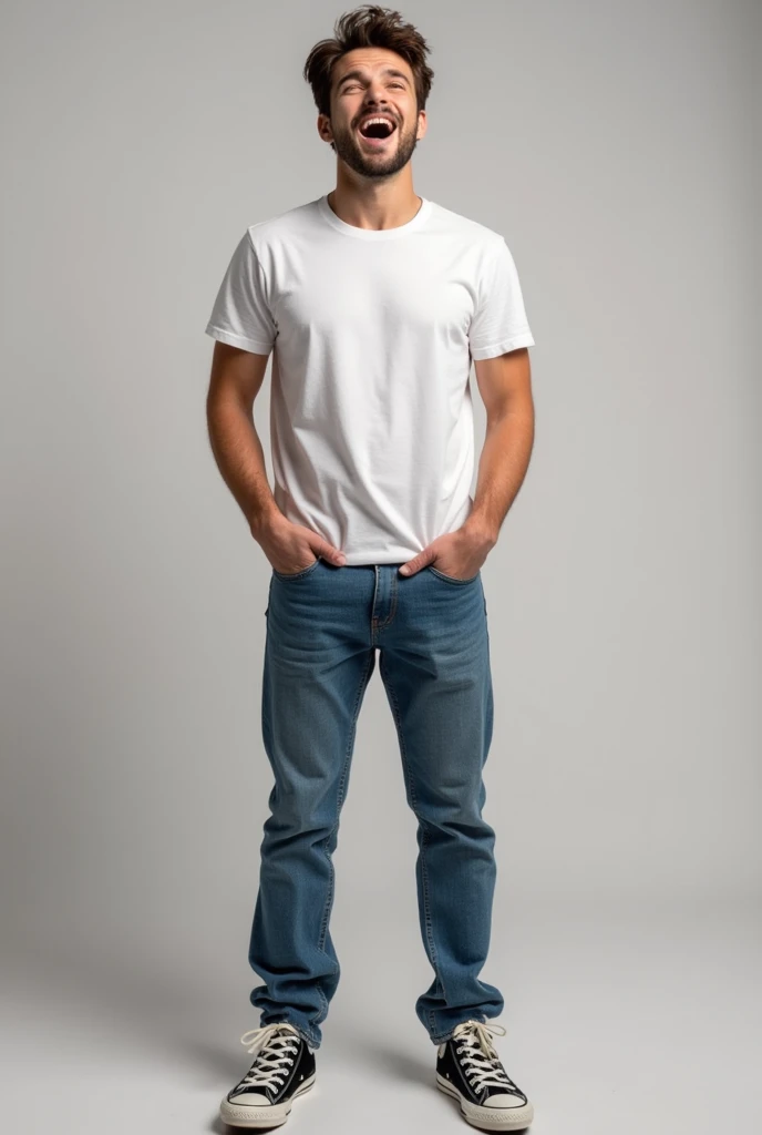 a man using a pair of jeans with a white t-shirt and sing a song of high school musica with a pair of all star style disney.
