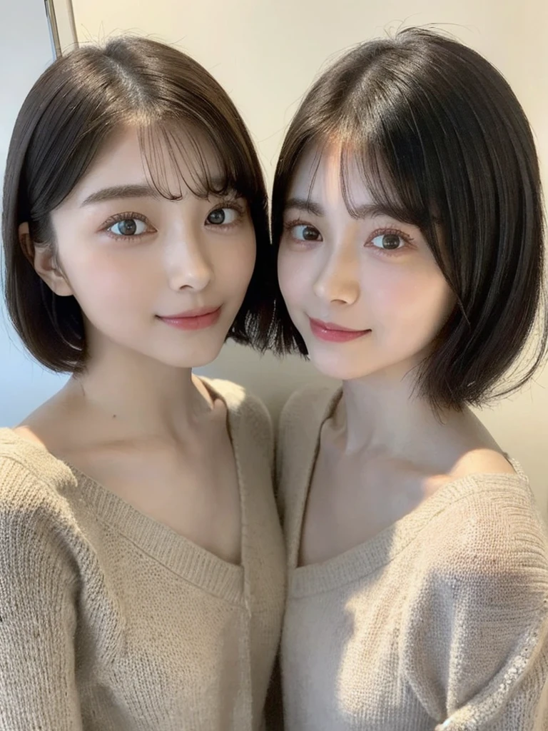 (masterpiece:1.3), (8k, Photoreal, Raw photo, best image quality: 1.4), Japanese high school girl、(random hairstyle:1.2)、cleavage:1.5、super detail face、eye for details、double eyelid、chest to chest、sharp focus:1.2、Beautiful woman:1.4、light brown hair、highest quality、masterpiece、超A high resolution、(Photoreal:1.4)、Highly detailed and professionally lit smiles、loose and light knitwear、shoulder out、thin、serious expression、short haired、deadly position
similar identical twins
All the girls have the exact same face, The two have the same face and figure, as if they were mirror images.