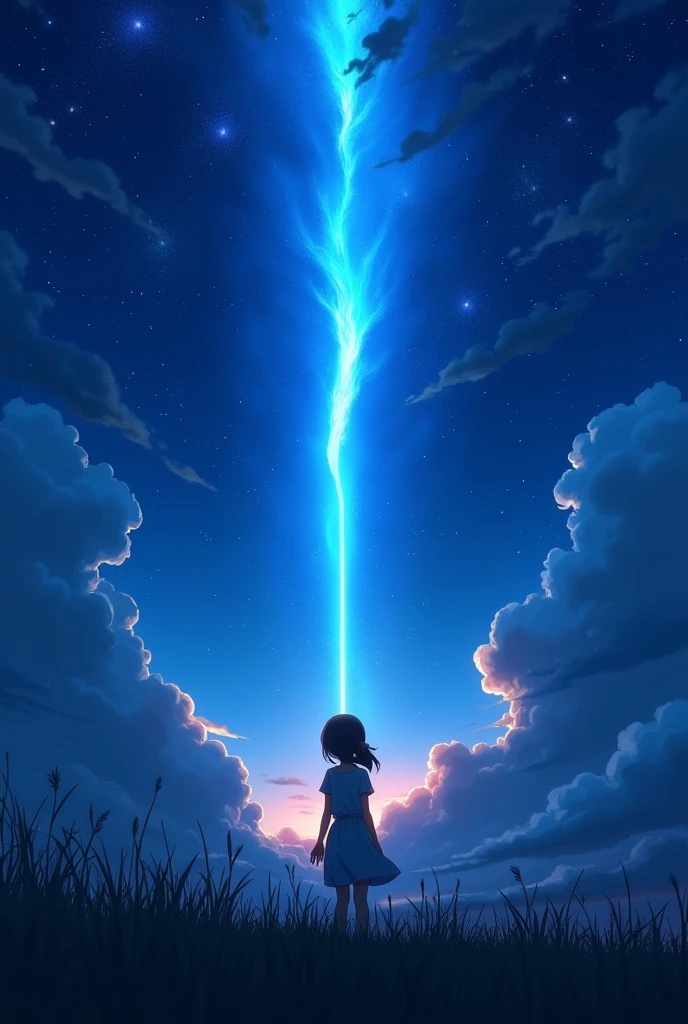 Your name anime picture when girl looking up and manny blue meteor falling down in night