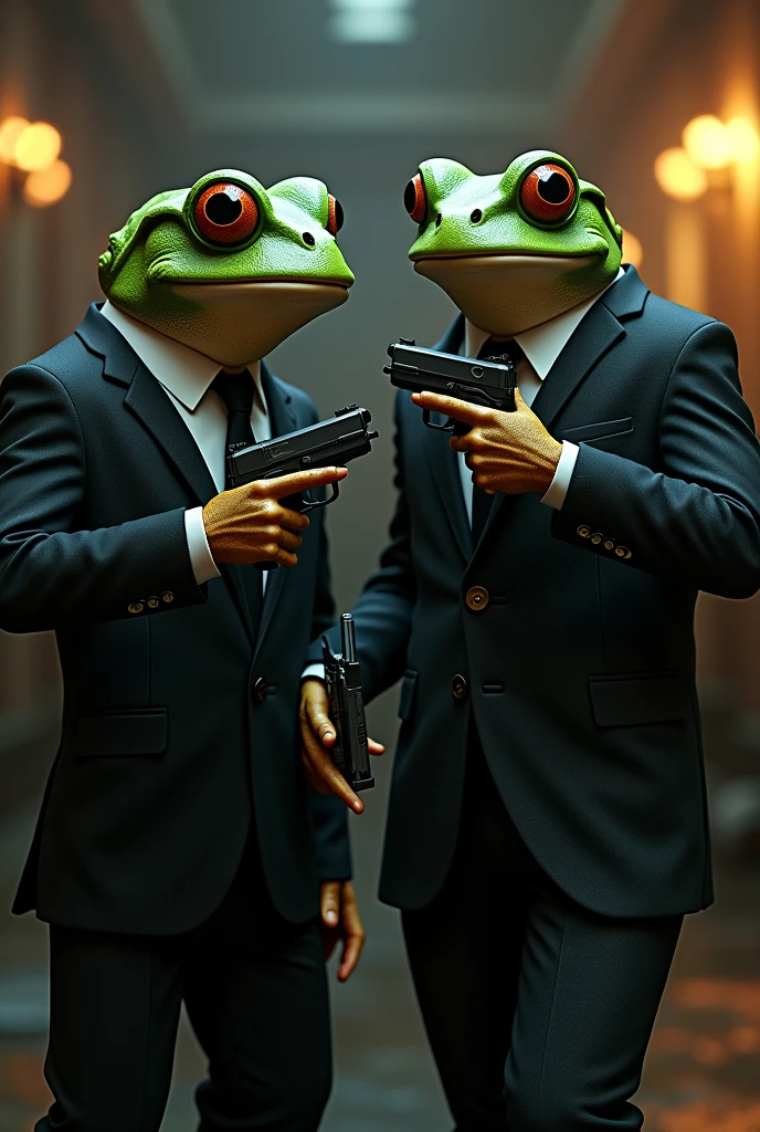 2 secret agent frogs, with suit. gun. Fond clair