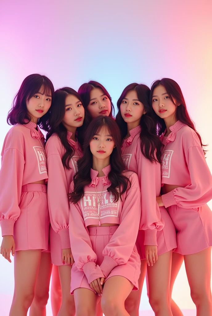 An image of the k-pop group twice together in a pink outfit of a blouse with their logo and a skirt