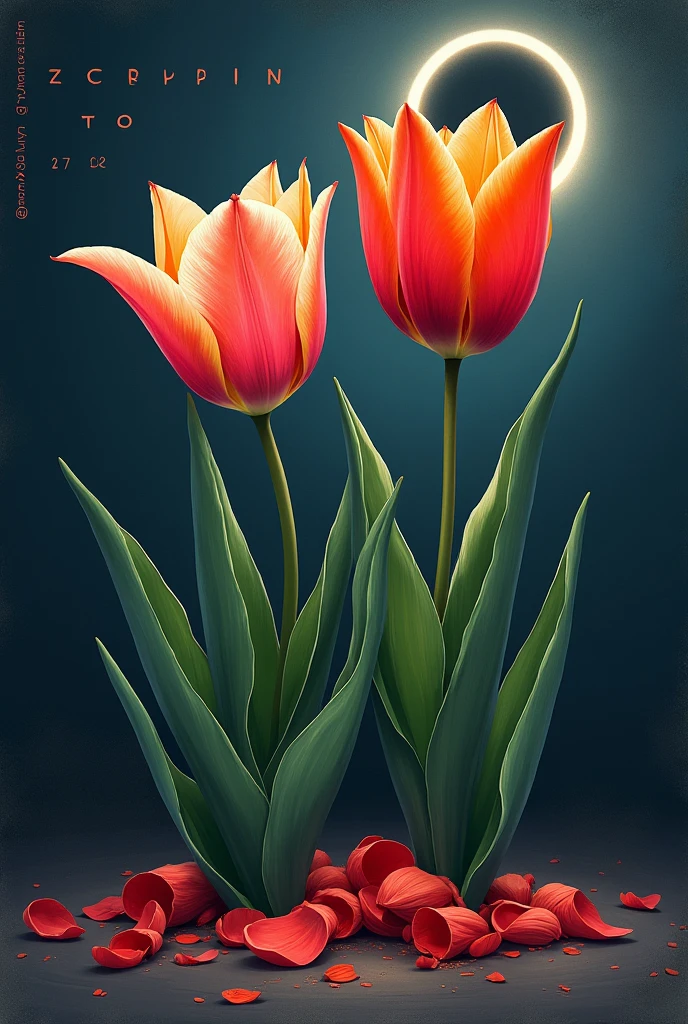 As if it were a cover for a book, two tulips, one very well with several petals falling and on the floor, and another extremely withered, illuminated with the light of an eclipse not so noticeable that it looks like a drawing and in the middle has a text that says
"Learning to love" with a nice, somewhat prominent letter.