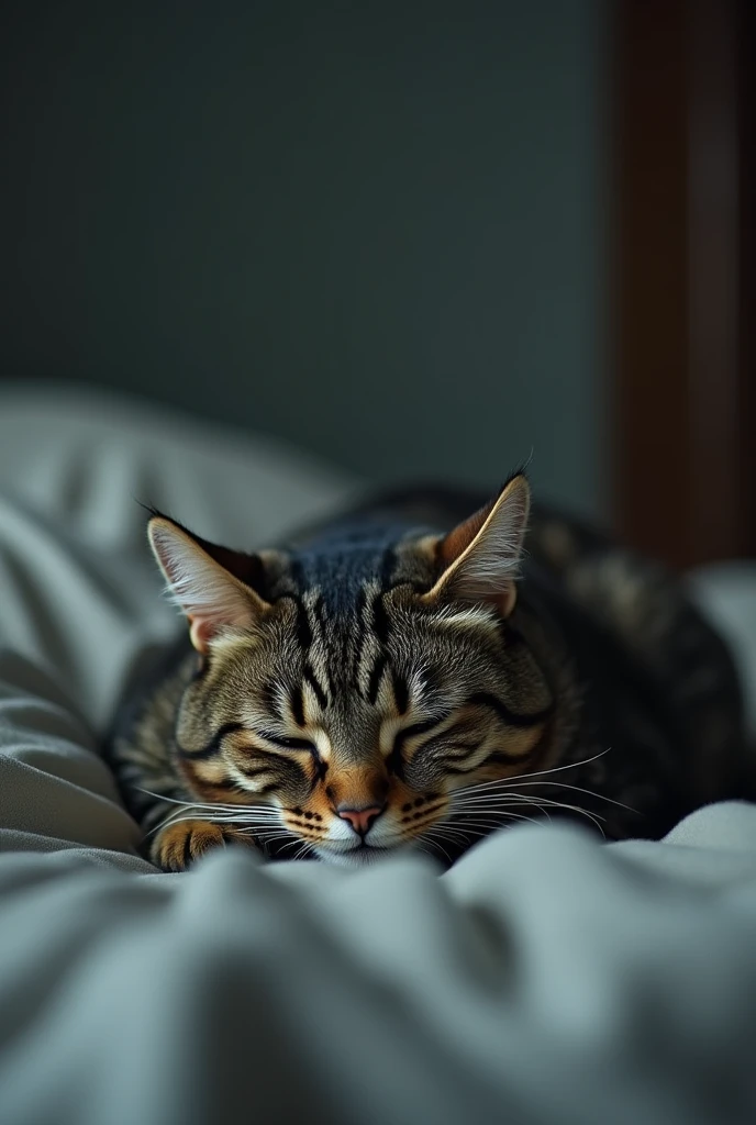 A male cat tired on bad in sad mood