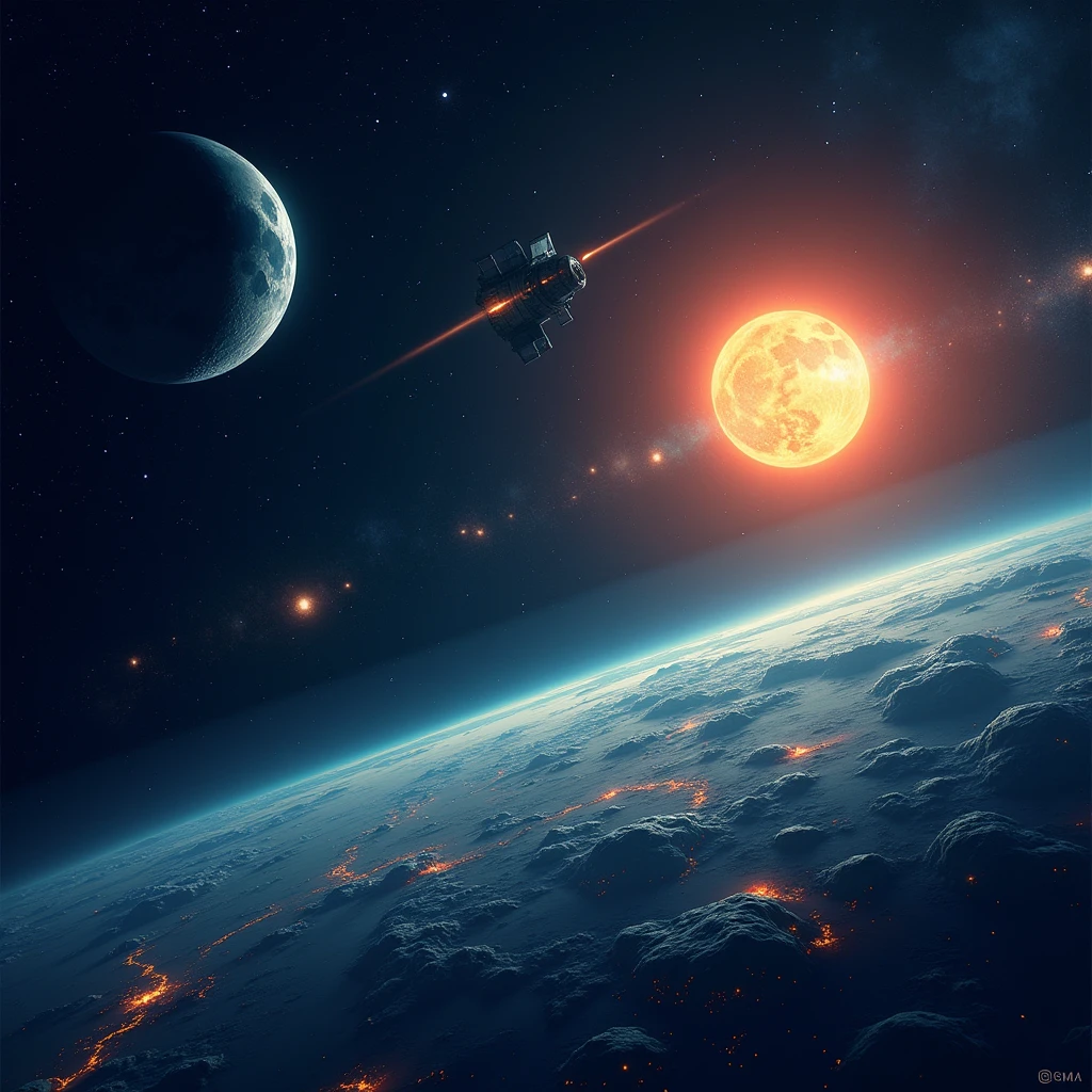 Design a square banner for the A journey to the space, 
Consider a view of earth from the moon,, a satellite is also orbiting the earth
Or consider a view from a spacecraft, like someone is looking outside from the space-craft 
So what i need is: i want the realistic background that resembles new step towards futuristic space technologies (espacially satellites and space-force concept). 
On the right bottom side keep it empty as i will put the image/picture of the inaugurator later on.
Do not include any human in the poster, include the sun or mars instead
Keep the colors bright
