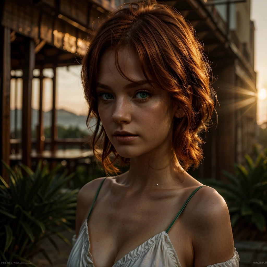 Best Quality, Masterpiece, Ultra High Resolution, (Realism: 1.4), Original Photo, 1Girl, Green Eyes, Off-the-Shoulders, Cinematic Lighting, Redhead, At Sunset