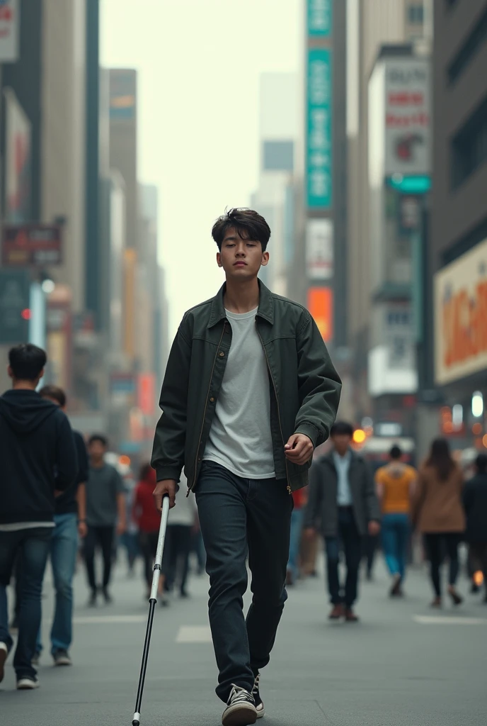 blind young man walking with 1 cane in the middle of the city