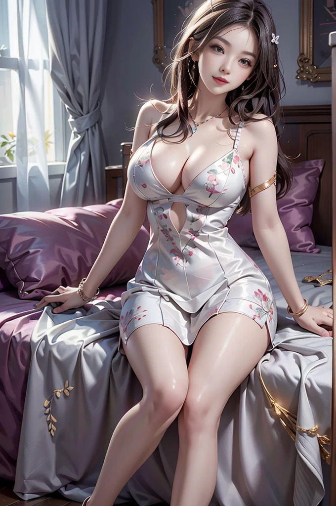 kda, (best quality, masterpiece:1.2), tianfeng1, Extremely detailed, (Practical:1.37), beautiful, youth, Glamorous model, Warm colors, ((A full body perspective,Naturally bent knees,Skin is firm and smooth)), ((In the old-fashioned room,Sitting on a low bed,Lean back,Support your body with your elbows)), ((Elegant and natural posture)), (big eyes, Delicate eyes, Delicate lips, Delicate eyes), Available in white with floral pattern, Show a bright smile, fit, Full breasts, ((Big breasts)), Long legs, Create a stunning picture of a girl enjoying her sleep