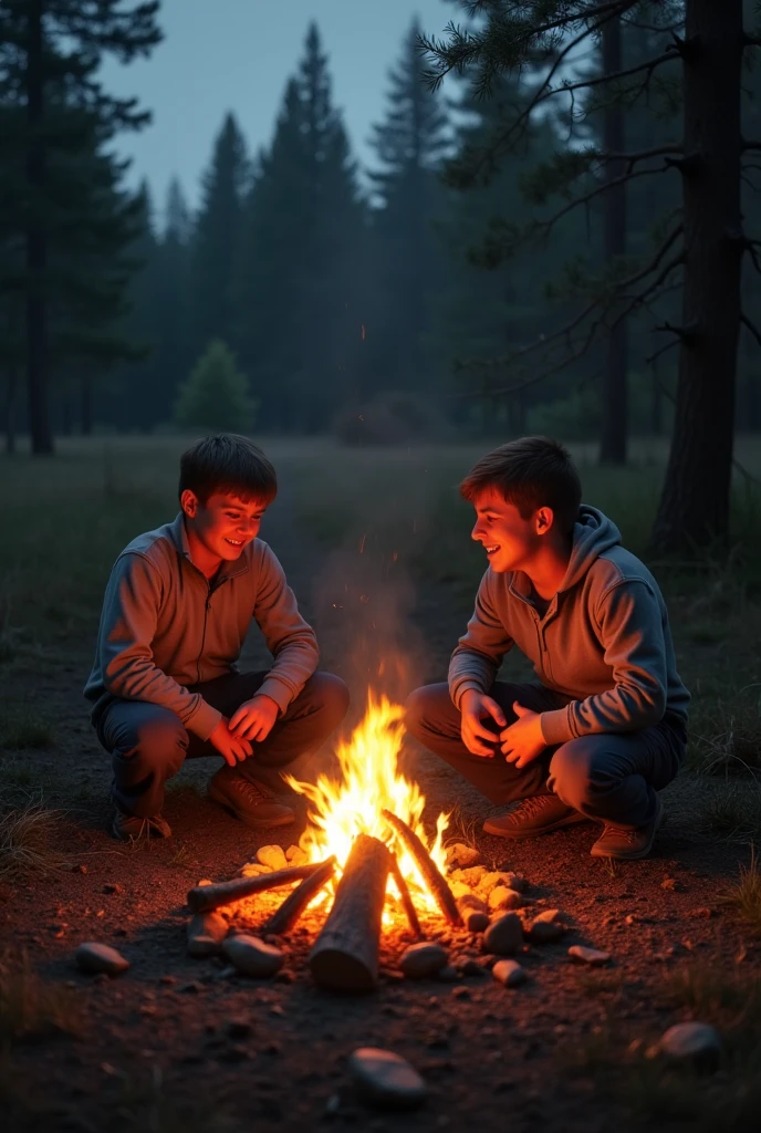 two boys near campfire with third in central place older than they
