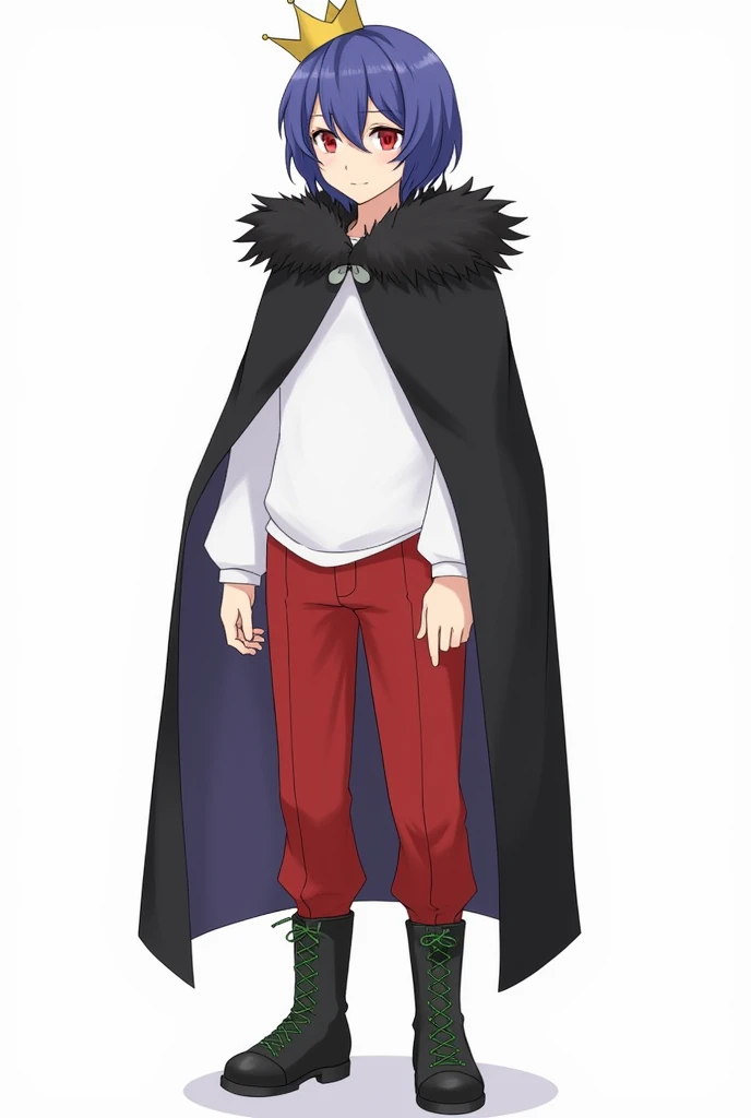 A small, plain golden crown is worn on the upper left side of the head.、Blue-purple short hair(Sideburns、bangs)、Black fur on shoulders、One black cloak、The cape is worn without the sleeves in place、Both eyes are red、A plain white t-shirt with elbow-length sleeves、Red long sleeve trousers、black long boots(Green shoelaces)