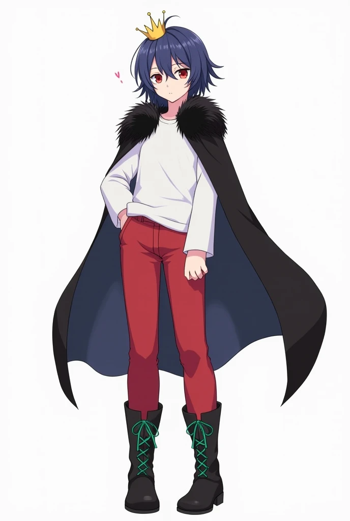 A small, plain golden crown is worn on the upper left side of the head.、Blue-purple short hair(Sideburns、bangs)、Black fur on shoulders、One black cloak、The cape is worn without the sleeves in place、Both eyes are red、A plain white t-shirt with elbow-length sleeves、Red long sleeve trousers、black long boots(Green shoelaces)