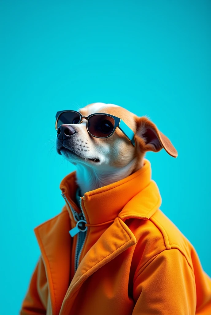 The best cell phone wallpaper, Award-Winning Wallpaper, portrait photography, In the front view is a portrait of a cute dog wearing mid-1960s space age fashion, Side view photo, Shot with Canon EOS R5, Set a strong contrast that accentuates the subject, Fluorescent blue tone, Wearing a very modern coat and sunglasses is a modern 1960s style, Clothes all in one color, beautiful background