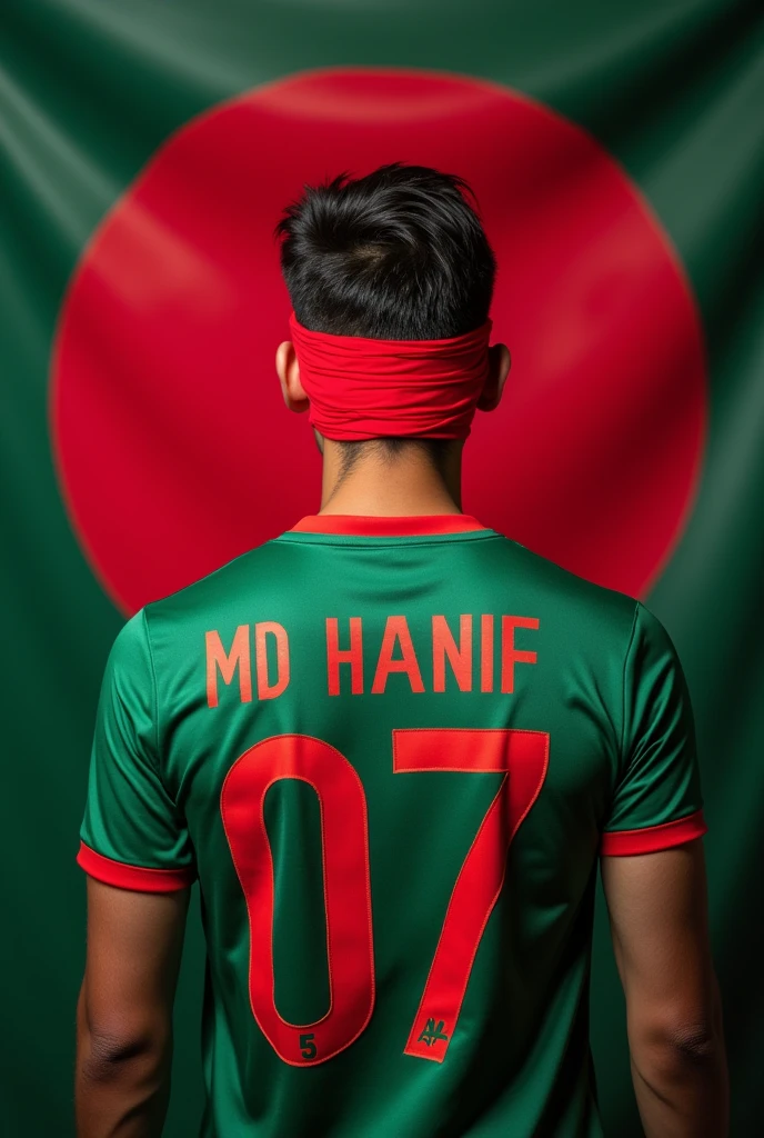 Red flag of Bangladesh. A 25-year boy is blindfolded with a red cloth
Bangladesh jersey on the body. 
Jersey number 07 The name of the boy behind the jersey is MD Hanif