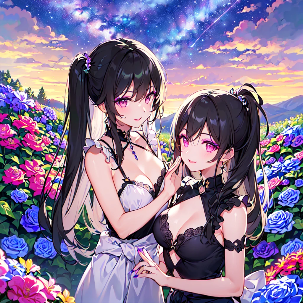 masterpiece, best quality, high quality, extremely detailed, very delicate and beautiful, (3female 18 years old Three:1.5), (long black hair up to waist with two-side up:1.5), bangs to eyebrows, eyes (long black hair up to the waist with two side up: 1.5), (bangs up to the eyebrows), eyes are sharp, strong and glossy, eyebrows are glossy, (eye color magenta: 1.3), 6.5 head tall, (witch fashion: 1.3), knee socks, lace, frills, (makeup: 1.3), (smiling), (standing), (raising her hands to invoke magic), (dynamic pose), (group shot 1.3), (summer flower garden:1.3), , (Milky Way Night Sky:1.3), (upper body:1.3)