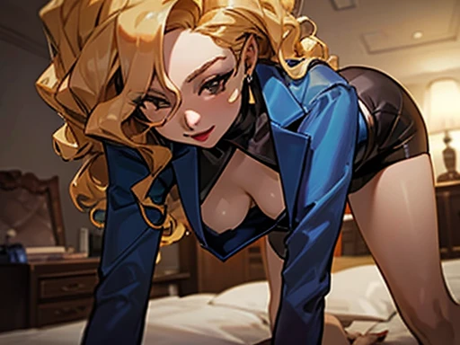 (Best quality:1.5, a high resolution, uhd, 4K, detailed lighting, shaders), busty, round breasts, hips, nude,  sitting on the bed, Luxury bedroom background, sexual, smiling, (throw, Close-up), Madam President, Madam President_bluesuit_Aiwaifu , Madam President_bluesuit_Aiwaifu,long hair,blonde hair,Jewelry,split,pencil skirt,skirt,Big breasts,tights,earrings,formal,Jacket,pomade,NECKLACE,draw up,miniskirt,skirt suit,suit,high heels,nail polish,Red lips,Wavy hair,black skirt,blue Jacket,Brown eyes,hair over one eye,long sleeves,open clothes,shirt,