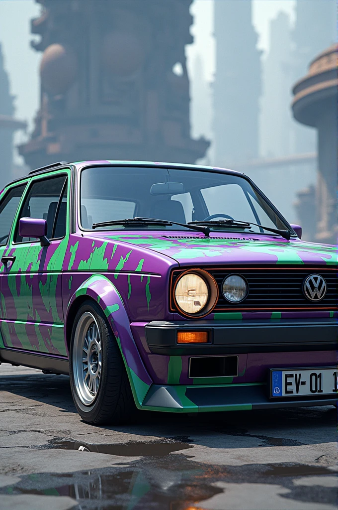 A golf mk2 with paint of the lion Genesis Evangelion cartoon from eva-01