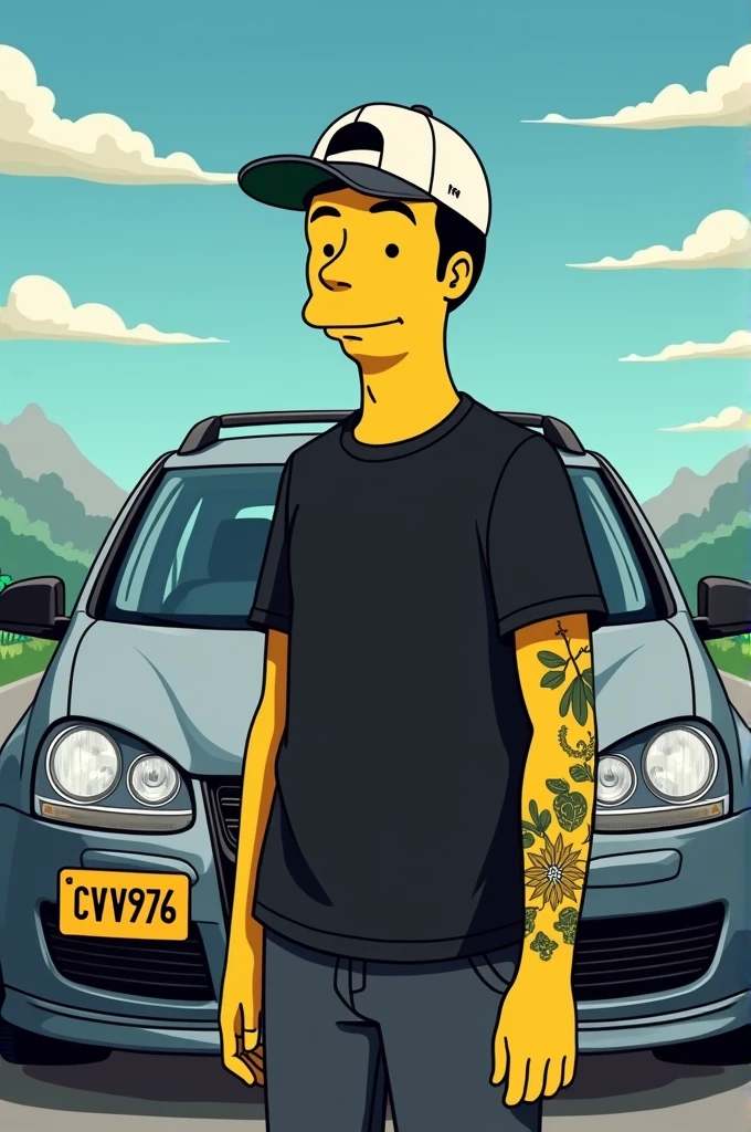 Simpsons poster young beardless man dressed in black with a white cap in front of him, Volkswagen with only his left arm tattooed and in the background a silver-gray Volkswagen Jetta Jetta mk4 bora a4 2007 model with black rims, black emblem and black mirrors and with a yellow Colombian license plate CVV976 Simpsons background Wide background