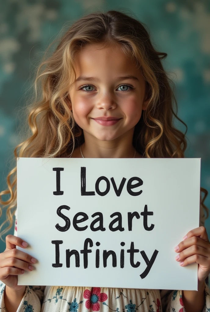 Beautiful girl with wavy long hair, bohemian dress, holding a white board with text "I Love Seaart Infinity" and showing it to the viewer Tentacle climax naked child boy erection and orgasm face state sex clit attack