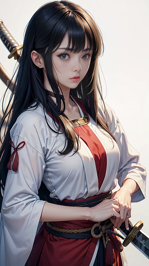 Cowboy Shot、((White Background))、One Woman、Very beautiful woman、Thin eyebrows、Round face、Watery eye、(warrior:1.2)、(Detailed face)、Realistic Skin、((Delicate photo)),(Girl Astepeace RAW Photo Details:1.25), (Highest quality:1.6), (Ultra-high resolution:1.5), (Realistic:1.75), 8k resolution, Absurd, Very detailed,Cinema Lighting,(Sengoku period)、((Long hair with bangs))、((A long Japanese sword that doesn't fit on the screen))、(Gripping the handle of a Japanese sword with one hand:1.3)、In combat、The wind is blowing、kimono、A beautiful woman beloved by the God of War rules the battlefield with her sword in hand...、1 Woman Standing, Draw a Japanese sword from its sheath in one go'Waist, (艶のある紫色のkimono) 、(Black Hakama), ((Shining blade)), (Holding the scabbard of a Japanese sword with one hand:1.5) , Japanese Costume、Sword close up