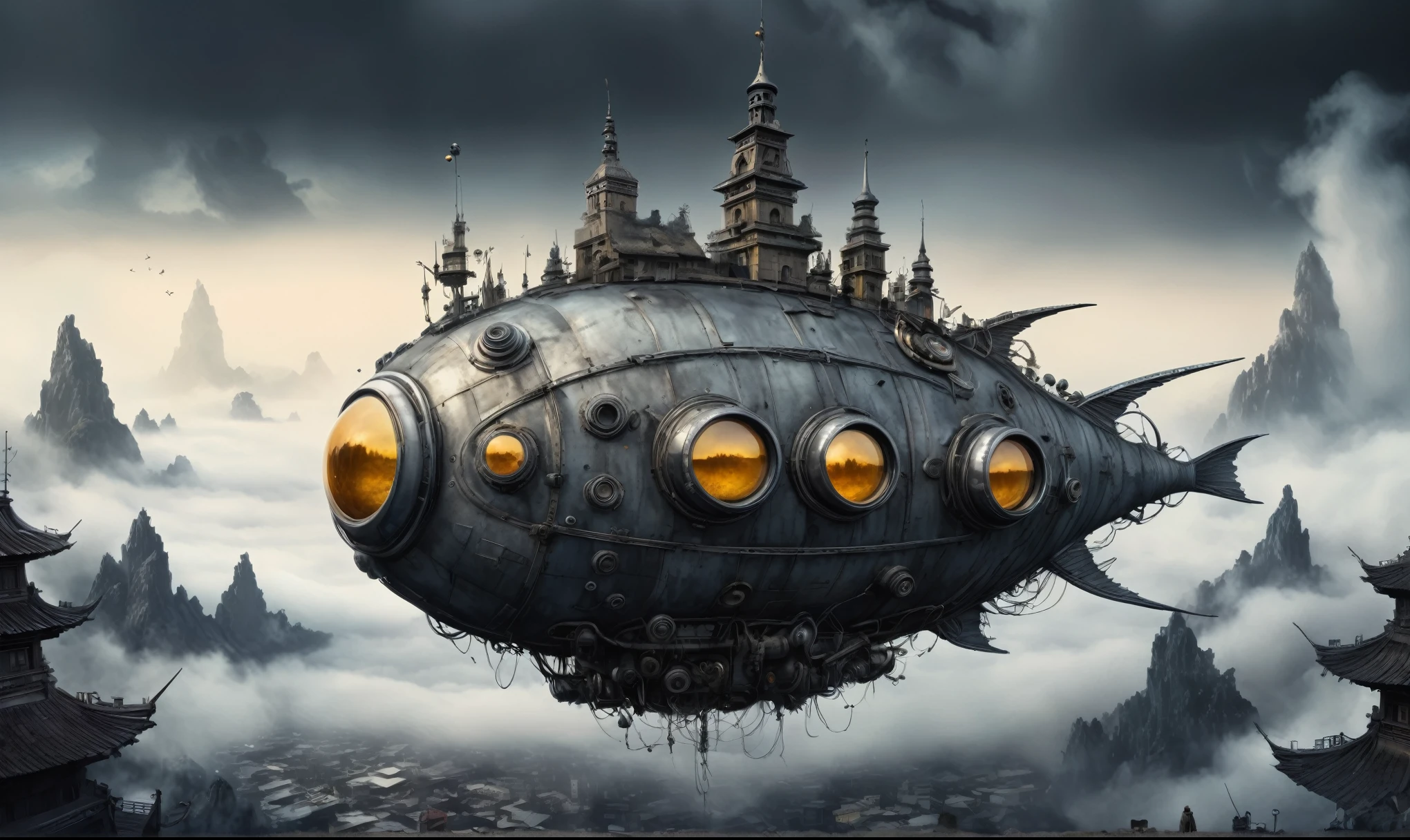 fish eyes, A Modern flat toon Crazy whit a Big ONE a Only Eye Robot USSR ,pinhead, camouflage Rusty, Ambient in a meteorite ,graphite old witch after a psychiatric clinic,winter,intricate landscape,slate grey atmosphere,film grain,,faded,eyes extremely detailed,another world,ring of truth,French Braid with a Twist,view from height,once pretty face,eyebrow up,full body shot,ominous landscape, Simon Stalenhag,Nicola Samori,full body shot,beggar paladium The Alien Entity,Technicolor,natural skin textures, hyper realism, hyper detailed,Extremely detailed,High contrast,Masterpiece,Realistic,Ultra Detailed, intricate details,realistic humid leather,extremly intricate,Epic Realistic, cinematic style,irina yermolova,high contrast,hdr,extremely detailed, deep night landscape,masterpiece,intricate details,faded,eyes extremely detailed, high detailed eyes,8k resolution,RAW,retina, Nikon Z9,China,Guangxi Zhuang of China,tkt style,ears perfect, transition between two art styles, Ink painting to photorealism, Double contact, X-ray, Creative, vivid light, masterpiece, fantasy, Abstract Surrealism, super detailed, high resolution, stop:35;Her skin is pale, almost translucent,ancient rock,a hot air soars through the layers of clouds, revealing a colossal and enigmatic cityscape nestled within. The buildings in this ethereal city are adorned with intricate details and exude an aura of mystery. Above the cityscape, lend an enchanting touch to the scene. steampunk. The intricate mechanics create a sense of wonder and fascination, as if stepping into a dreamlike realism