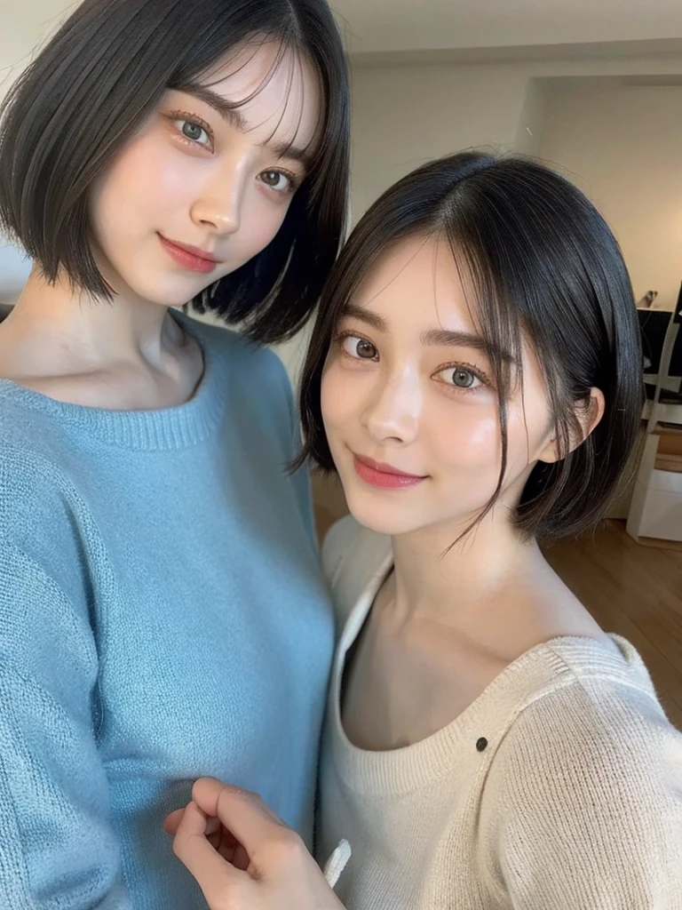 (masterpiece:1.3), (8k, Photoreal, Raw photo, best image quality: 1.4), Japanese high school girl、(random hairstyle:1.2)、cleavage:1.5、super detail face、eye for details、double eyelid、chest to chest、sharp focus:1.2、Beautiful woman:1.4、light brown hair、highest quality、masterpiece、超A high resolution、(Photoreal:1.4)、Highly detailed and professionally lit smiles、loose and light knitwear、shoulder out、thin、serious expression、short haired、deadly position
similar identical twins
All the girls have the exact same face, The two have the same face and figure, as if they were mirror images.