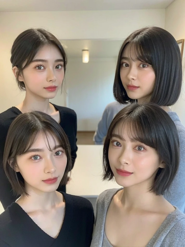 (masterpiece:1.3), (8k, Photoreal, Raw photo, best image quality: 1.4), Japanese high school girl、(random hairstyle:1.2)、cleavage:1.5、super detail face、eye for details、double eyelid、chest to chest、sharp focus:1.2、Beautiful woman:1.4、light brown hair、highest quality、masterpiece、超A high resolution、(Photoreal:1.4)、Highly detailed and professionally lit smiles、loose and light knitwear、shoulder out、thin、serious expression、short haired、deadly position
similar identical twins
All the girls have the exact same face, The two have the same face and figure, as if they were mirror images.