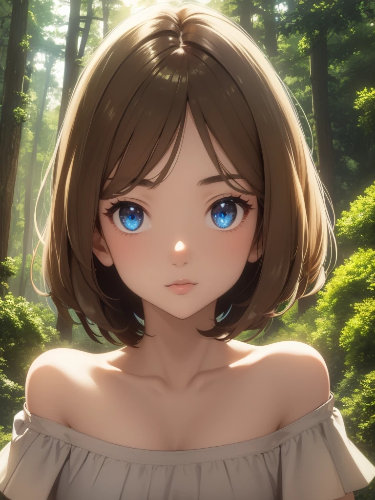 masterpiece, Highest quality, Ultra-high resolution, Fluorescent color,, 1 girl, Looking at the audience, Beautiful Face, Beautiful Eyes, (Off the shoulder: 1.2), Lift your head, Upper Body, forest, Shiny Hair, Glowing Skin, Shining Cut, Little, Adjusting the Finger Ratio