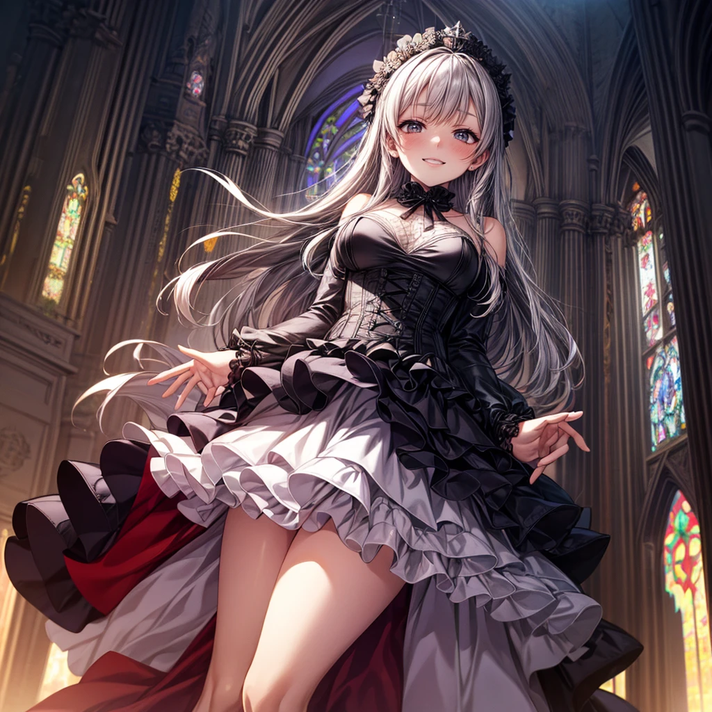 quality,8k,Highly detailed CG unit wallpaper, masterpiece,High resolution,top-quality, real texture skin,Surreal,Increase the resolution,RAW Photos,最高quality,Very detailed,From below,Cool Beauty,Smile,Glamour Women, Cute pose,Gothic ta,A skirt full of frills, Red Embroidery,Silver_Shiny long hair, Queen , Final Boss,world , Crystal Flower,Sparkling stained glass like a kaleidoscope,Majestic cathedral ,Detailed embroidery, Very layered ruffles, Detailed Texture,A geometric magic circle above your head,クリスタルで装飾されたSilverの短杖,hidden Forbidden Sanctuary,