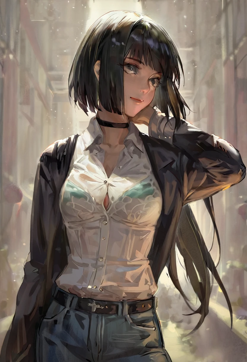 masterpiece, best quality, high quality, hyperdetailedanime painting, anime painting, painterly, realistic painting, soft features, detailed clothes, detailed, rembrandt lighting, solo, masterpiece, best quality, high quality, detailed anime painting, realistic, dramatic lighting, depth of field, guweiz, 1woman, mature, dim background, adult, hime cut black hair, grey eyes, long sleeves, medium breasts, white dress shirt and jeans, smile, solo, upper body, white shirt, outdoors, black choker, thighhighs, beautiful color, (amazing quality:1.5),
