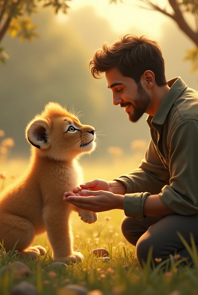The lion cub cautiously approaches Alex, sniffing at his outstretched hand while Alex remains still, smiling gently."