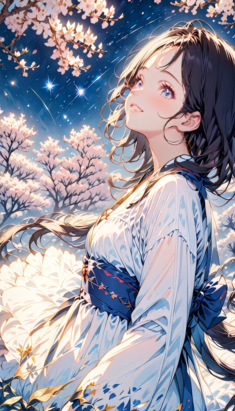Silhouette of a girl in ancient costume,As beautiful and shining as the starry sky.
When I look up, The Milky Way is straight above my head, Altair and Vega on the other side are brighter,As if in sync.
Tonight is Chinese Valentine's Day.
Lovers are happy to meet each other、Happy days.
Clear lines, best quality, high resolution,(masterpiece, best quality:1.2), Cute girl,Black Hair,Double tail,,gorgeous,Glitter background,Spectacular scenery, a beautiful girl that you only see once in a thousand years