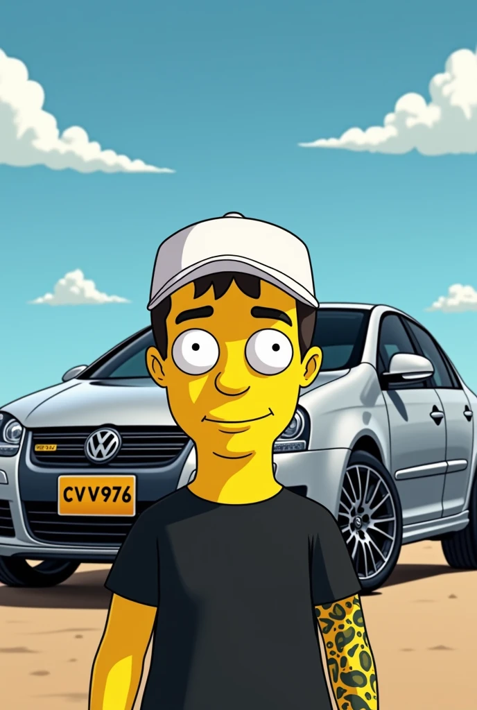 Simpsons poster young beardless man dressed in black with a white cap in front of him, Volkswagen with only his left arm tattooed and in the background a silver-gray Volkswagen Jetta Jetta mk4 bora a4 2006 model with black rims, black emblem and black mirrors and with a yellow Colombian license plate CVV976 Simpsons background Wide background 