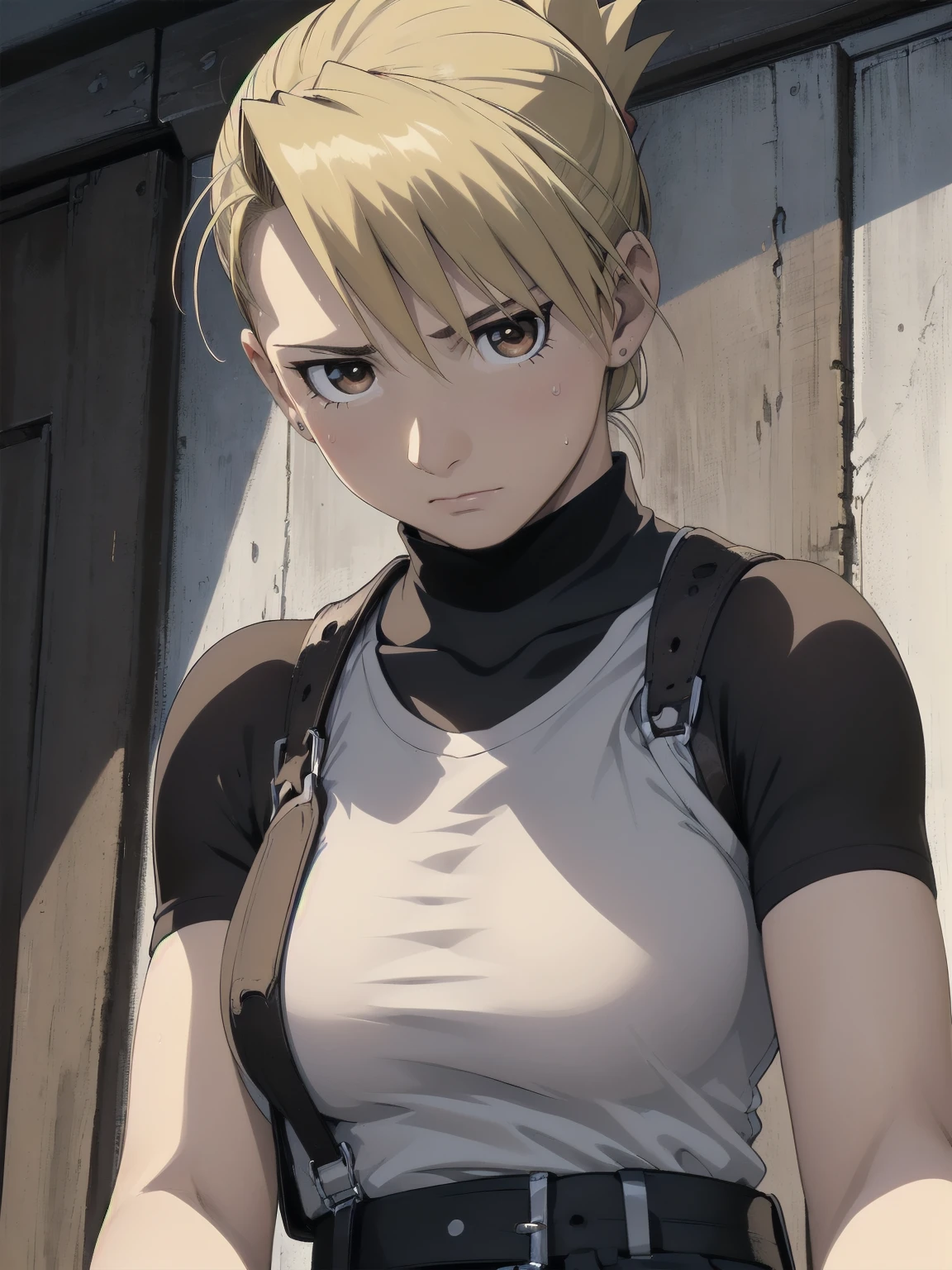 masterpiece, highest quality, High resolution, One Girl, Hamriz, ponytail, Brown eyes,big , Black Shirt, Tight shirt, holster, Short sleeve, belt, Covered navel, Blue pants,indoor、Upper body close-up、Muscular body、blush、Sweat、Composition from the front、anime、(((Close-up of a person、Facing forward)))