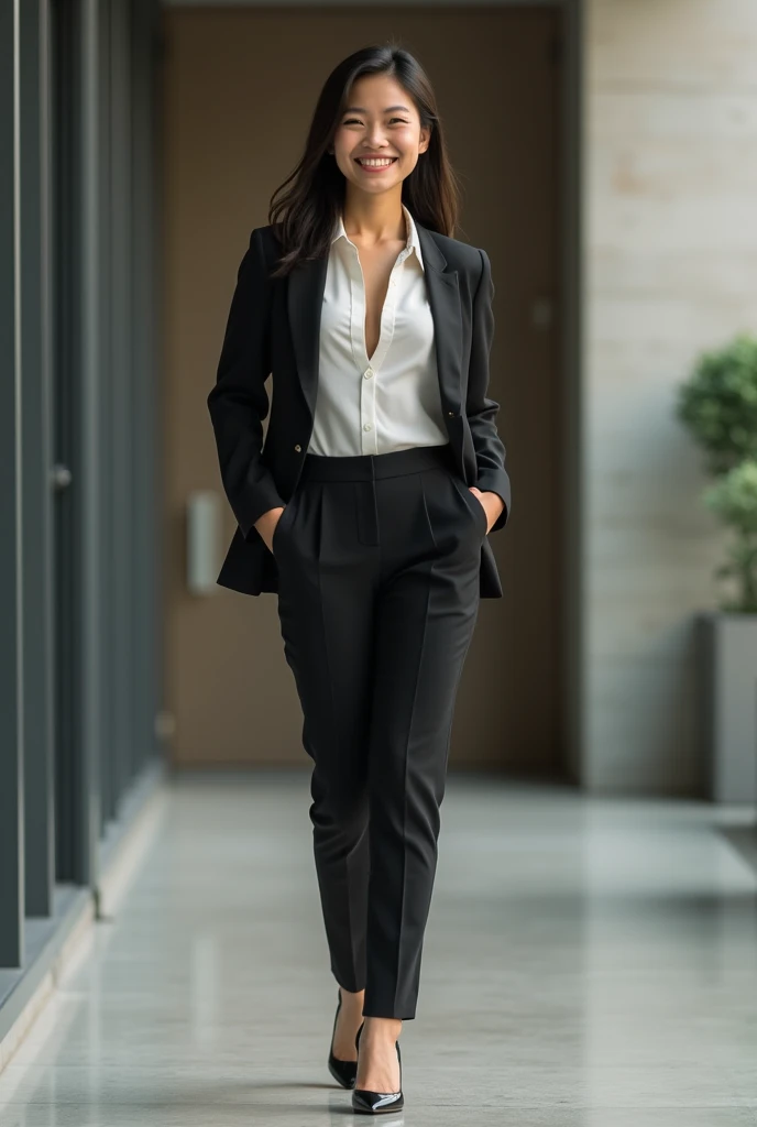 Create an 18-year-old Asian female entrepreneur standing confidently, embodying a sense of security. She has a cute, wide smile, and is dressed in a slightly revealing business suit. The image should be a full-body shot, showing her youthful and successful appearance, wearing high heels