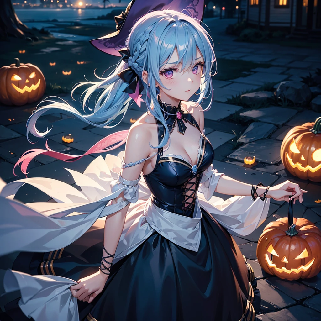 (Sky Blue Hair),(Braided medium hair:1.2), (Pink Eyes),Fair skin) ,(whole body),(One Girl),(Crescent Moon),(There are many pumpkin ghosts in the background),(If you don't give me sweets, I'll be mischievous.),Halloween Night Party),(masterpiece, Highest quality, Very detailed, Best Shadow), (Detailed Background), (Beautifully detailed face), High Contrast, (Best lighting, Very delicate and beautiful), ((Cinematic Light)), Hyper Detail,8k, Dramatic Light, Intricate details,Cute witch clothes,night,Bats flying in the background,