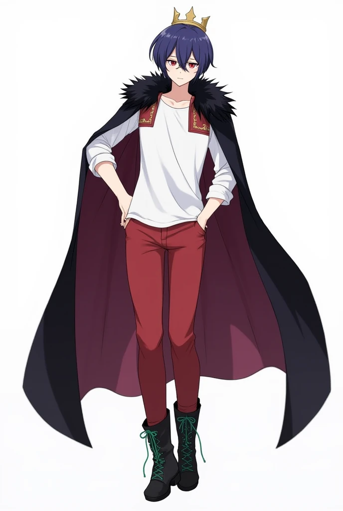 High school student male、A small, plain golden crown is worn on the upper left side of the head.、Blue-purple short hair(Sideburns、bangs)、Black fur on shoulders、One black cloak、The cape is worn without the sleeves in place、Both eyes are red、A plain white t-shirt with elbow-length sleeves、Red long sleeve trousers、black long boots(Green shoelaces)