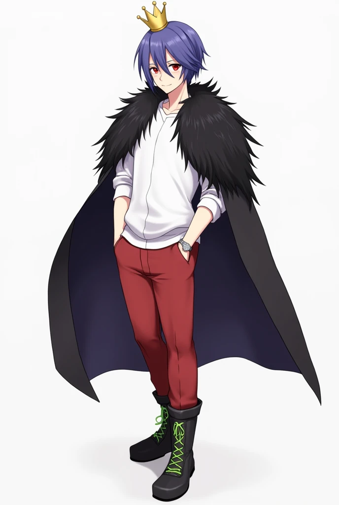 High school student male、A small, plain golden crown is worn on the upper left side of the head.、Blue-purple short hair(Sideburns、bangs)、Black fur on shoulders、One black cloak、The cape is worn without the sleeves in place、Both eyes are red、A plain white t-shirt with elbow-length sleeves、Red long sleeve trousers、black long boots(Green shoelaces)