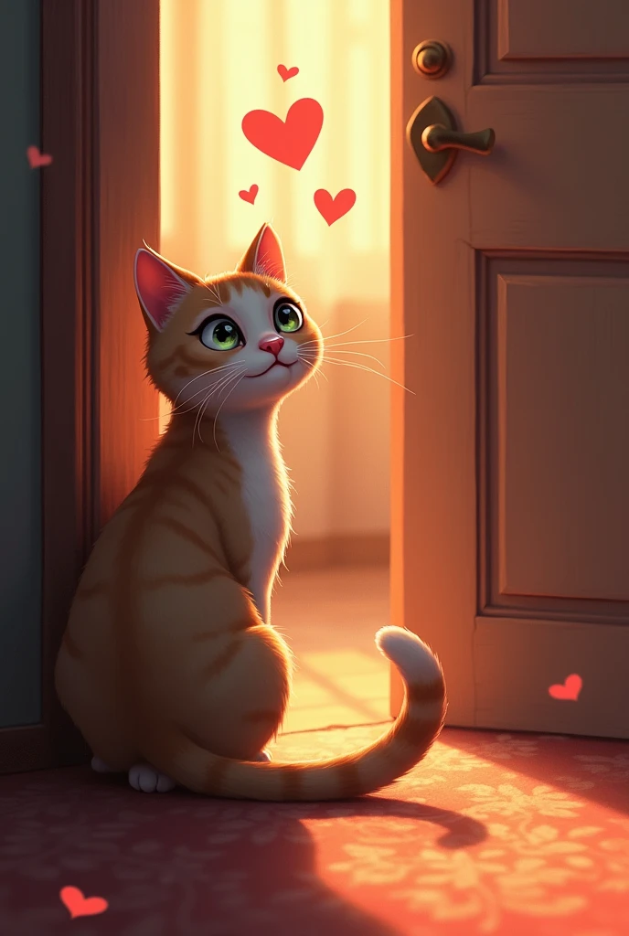A male cat watching door side and very happy to see his girlfriend, heart in eyes