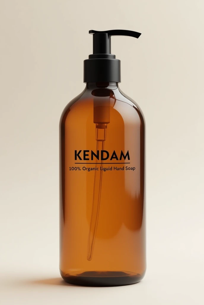 Imagine a 500 ml amber bottle  . The bottle is tall and thin, with a minimalist design. On the front of the bottle, in big black letters, the word is read "KENDAM". And say 100% Organic Liquid Hand Soap There is no other label or design on the bottle, only the amber color and the word "KENDAM". 