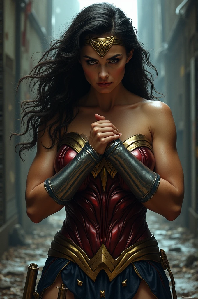 wonderwoman holding her chest without wearing a shirt