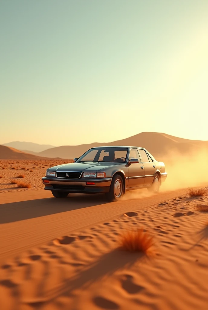 90s sedan car on desert road 




