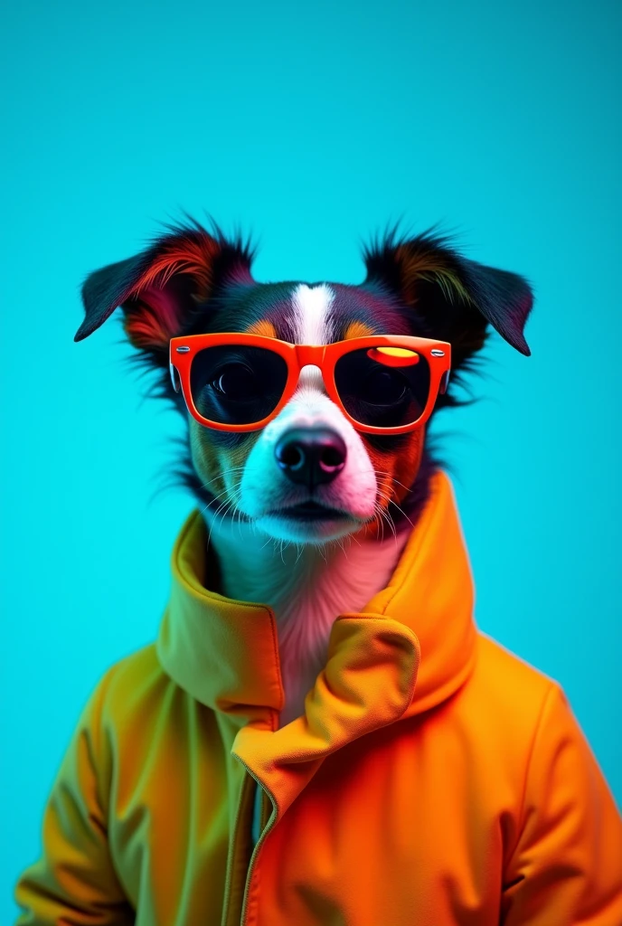 The best cell phone wallpaper, Award-Winning Wallpaper, portrait photography, In the front view is a portrait of a cute dog wearing mid-1960s space age fashion, Side view photo, Shot with Canon EOS R5, Set a strong contrast that accentuates the subject, Fluorescent blue tone, Wearing a very modern coat and sunglasses is a modern 1960s style, Clothes all in one color, beautiful background