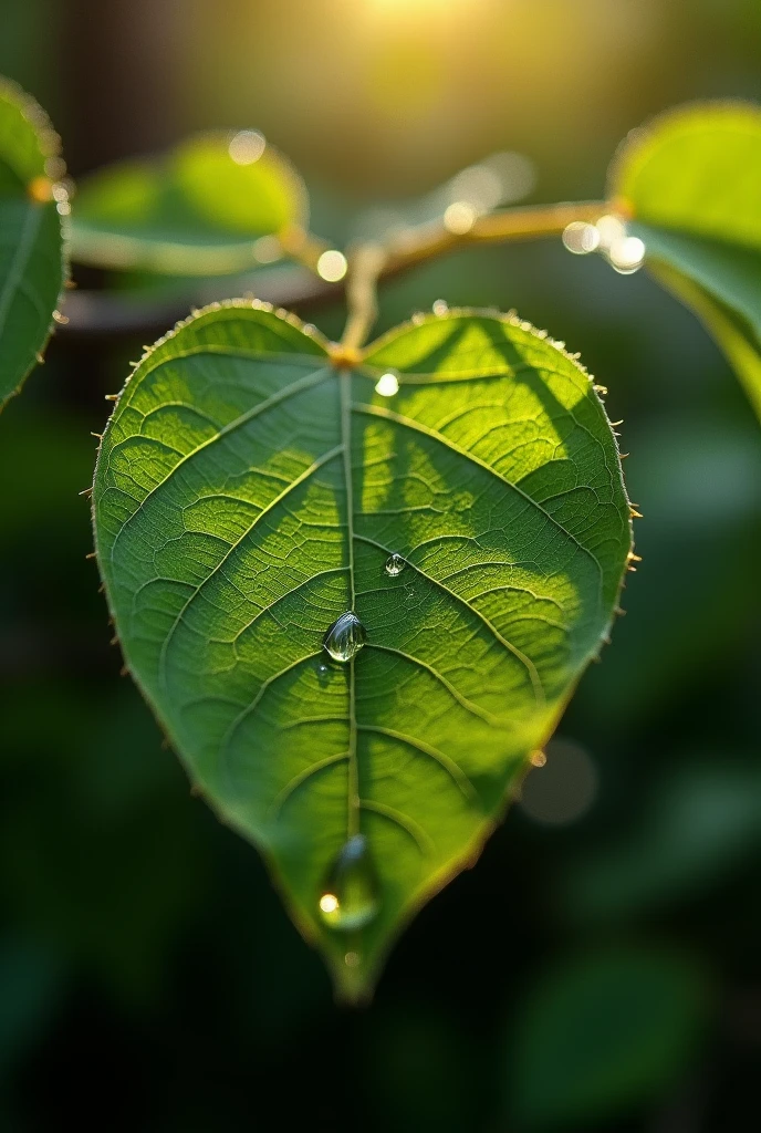 tree leaves in a heavy jungle in a morning sunshine, water drop