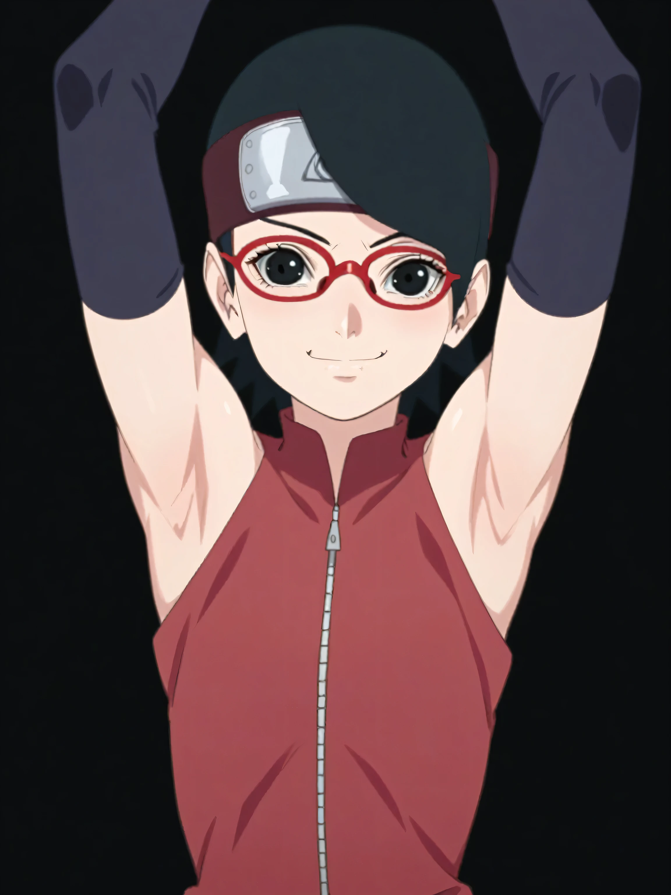 score_9, score_8_up, score_7_up, source_anime, sarada uchiha, short hair, black hair, black eyes, red-framed eyewear, glasses, swept bangs, looking at viewer, eye contact with viewer, smile, smug, closed mouth, light blush, bare shoulders, detached sleeves, black detached sleeves, zipper, dress, red dress, black background, arms up, raised arms, armpits