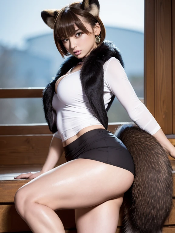 ((Highest quality, 8k)), ((masterpiece)), (Highest Resolution), Perfect Face, Raccoon-eared woman, Female college student, Beautiful woman, public, One tail, she has thick thighs, Big raccoon tail, She has a brown raccoon tail., She shows off her tail, Troubled face, Fur collar, She is wearing a short skirt, Beautiful Hips , Big Breasts, The skirt is rolled up with a big tail