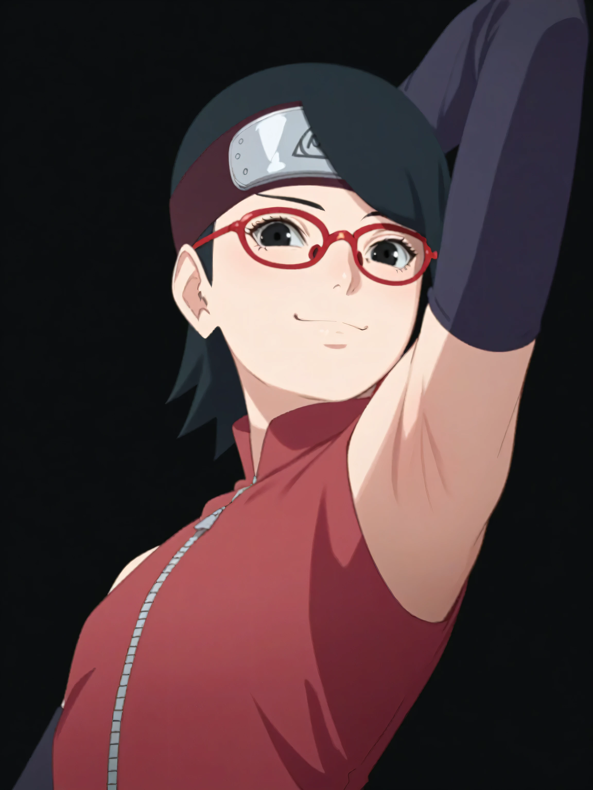 score_9, score_8_up, score_7_up, source_anime, sarada uchiha, short hair, black hair, black eyes, red-framed eyewear, glasses, swept bangs, looking at viewer, eye contact with viewer, smile, smug, closed mouth, light blush, bare shoulders, detached sleeves, (black detached sleeves:1.1), zipper, dress, red dress, black background, arm up, raised arm, (arm behind head:1.2), armpit, from side, from below, flat chest 