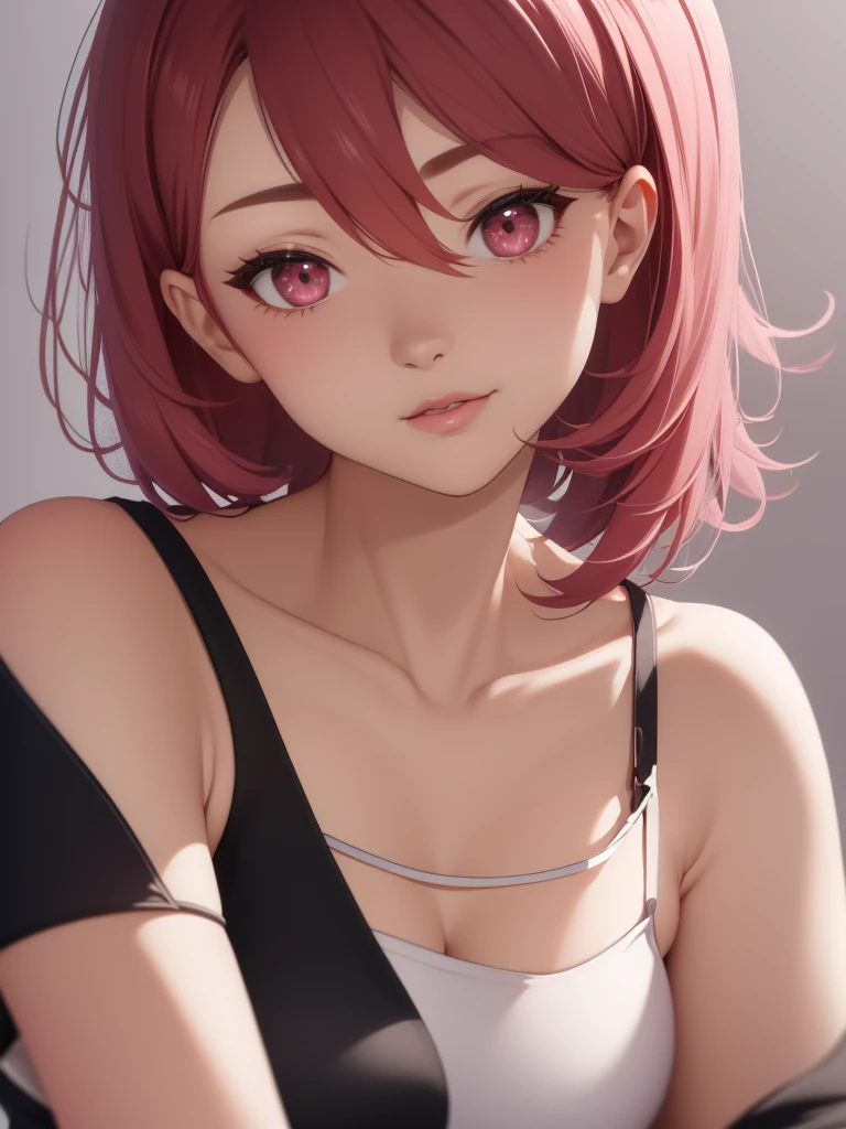 portrait of a woman in the style of <lora:Sciamano240-000008:0.7>, pink hair, cat ears, red eyes, wearing sexy lingerie, gray wall in the background