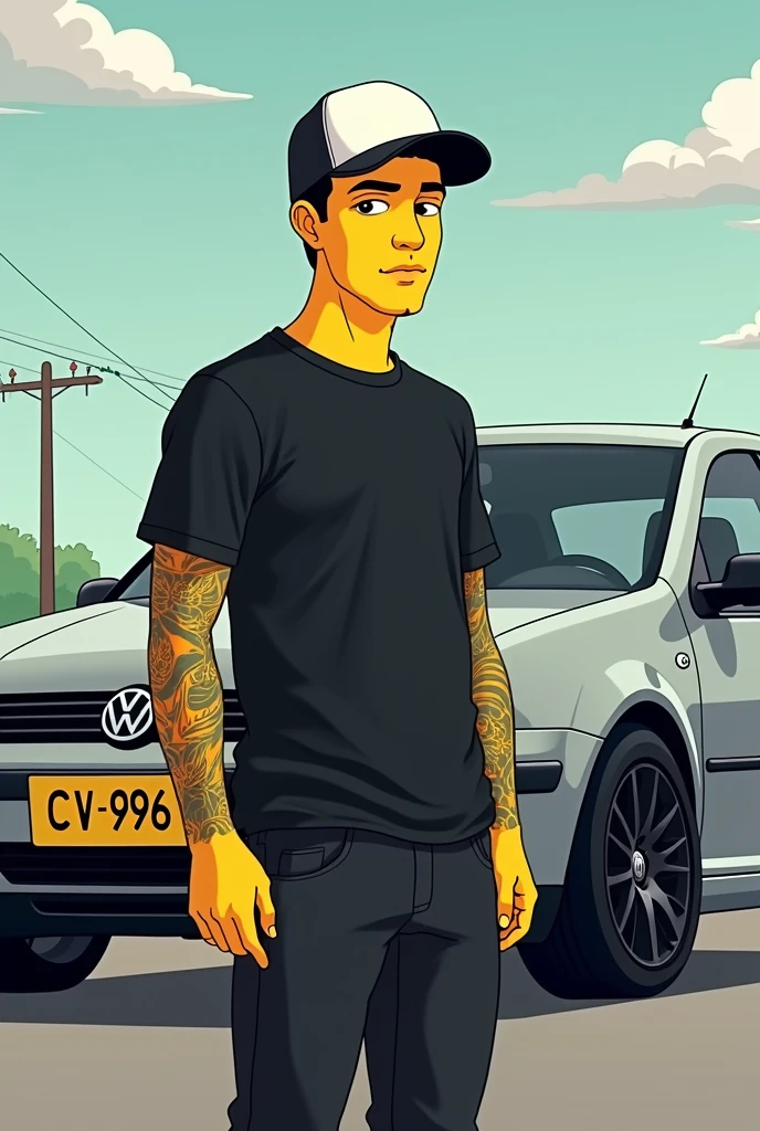 Simpsons poster young beardless man dressed in black with a white Volkswagen cap with only his left arm tattooed and in the background a silver-gray Volkswagen Jetta Jetta mk4 bora a4 2005 model with black rims, black emblem and black mirrors and with a yellow Colombian license plate CVV976 Simpsons background Wide background