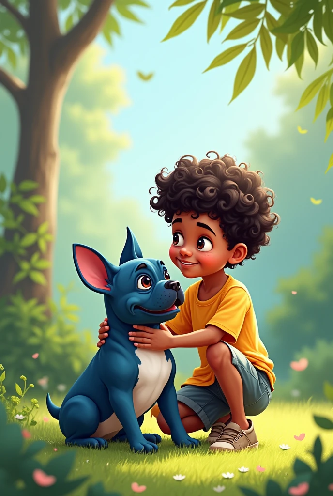 An illustration of a mixed race boy with a blue French bulldog